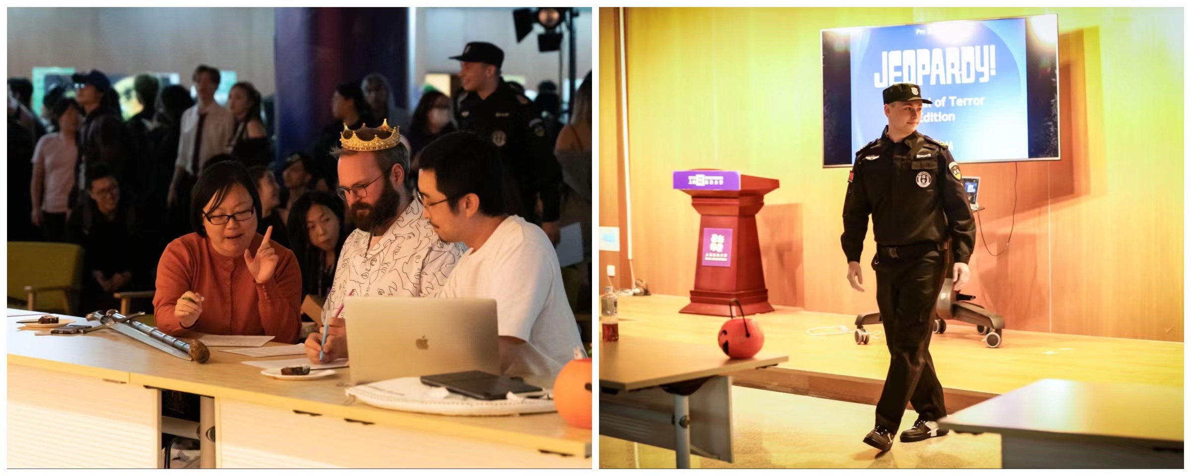 left: the costume contest judges. right: a student dressed up as a security guard.