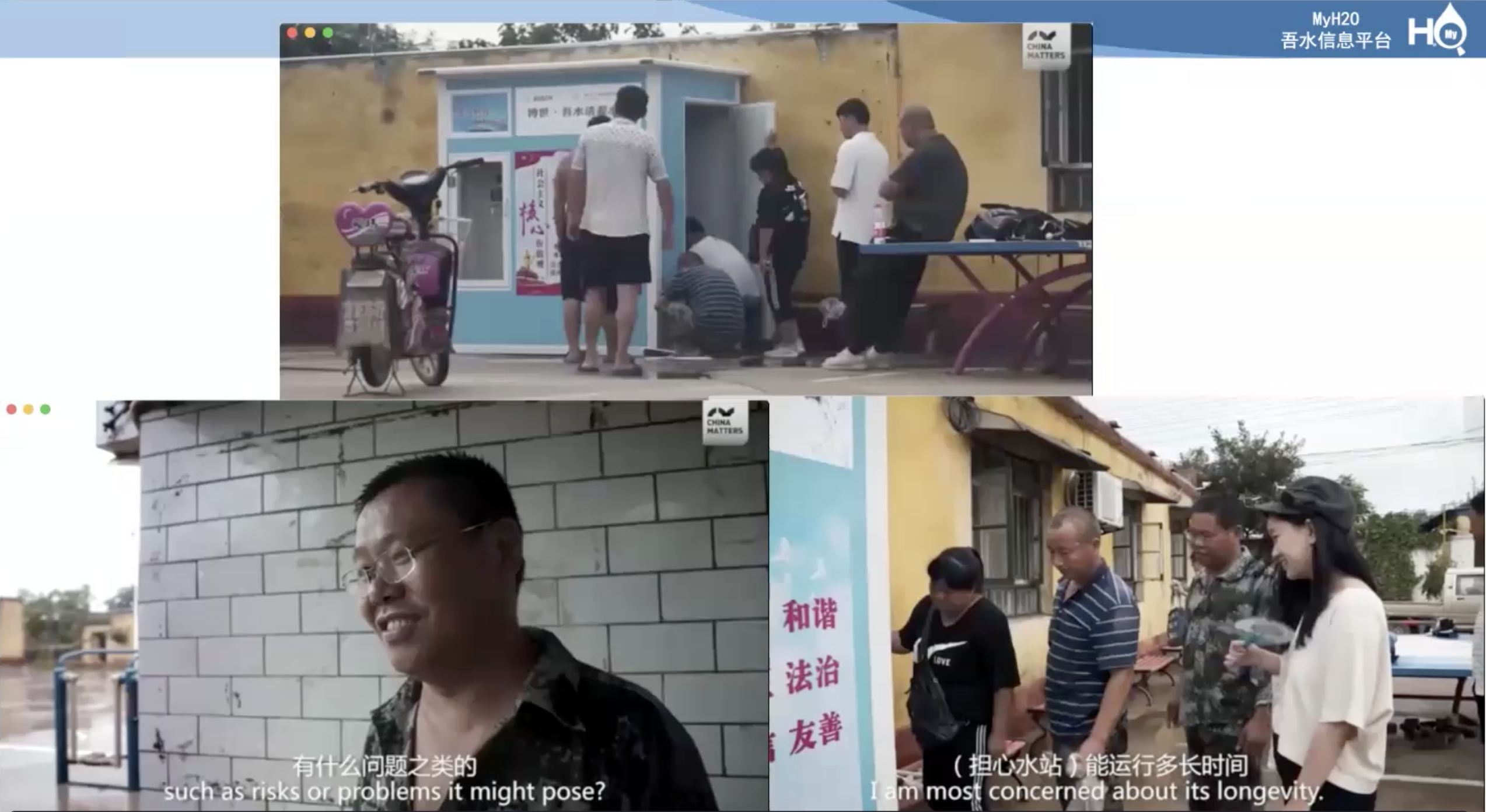 Villagers and volunteers examine filtered water bottle-filling station