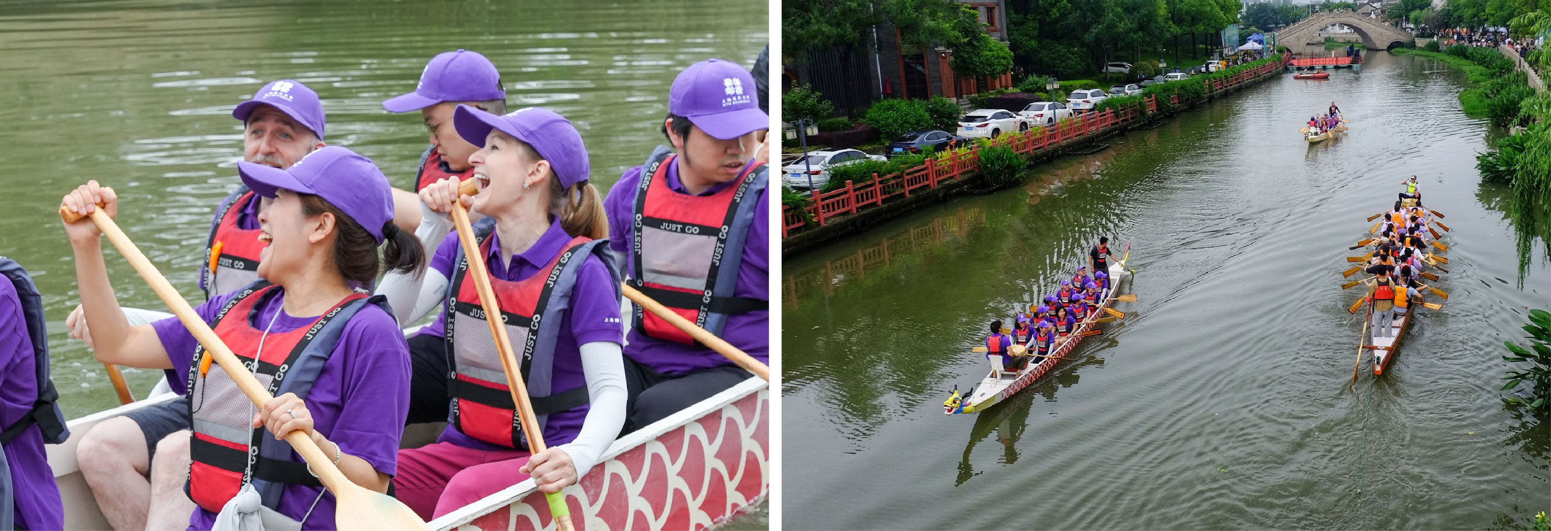Two photos: A close up of people laughing as they row the dragon boat and a photo of two dragon boats racing each other 