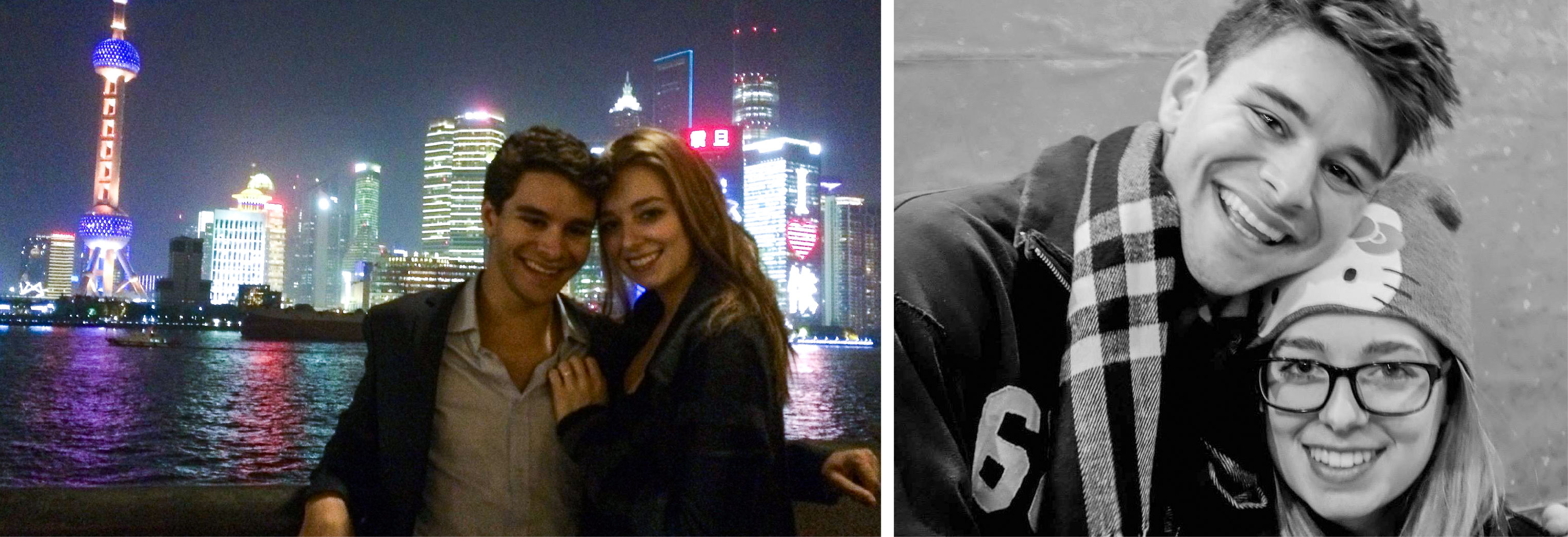 Max and Julie in front of Shanghai's skyline and on their first dinner date