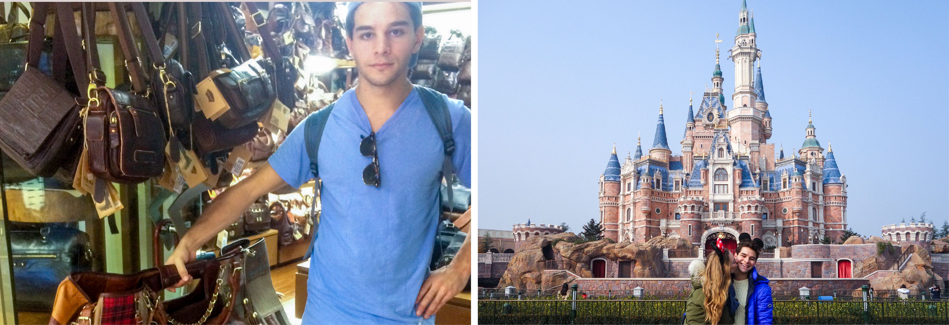 Max poses by a giant suitcase in the fake market. The couple pose in front of the Shanghai Disneyland castle.