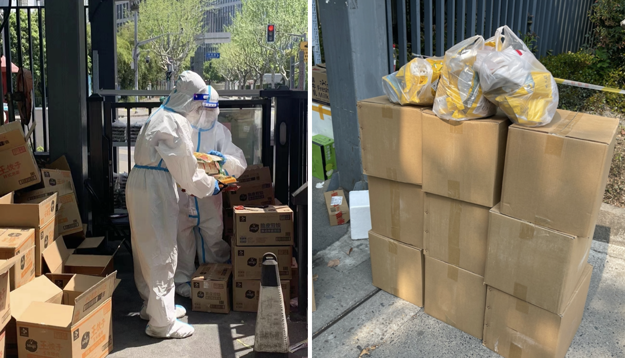 Jamie and Layla in hazmat suits helping to organize and deliver boxes of food to their neighbors 