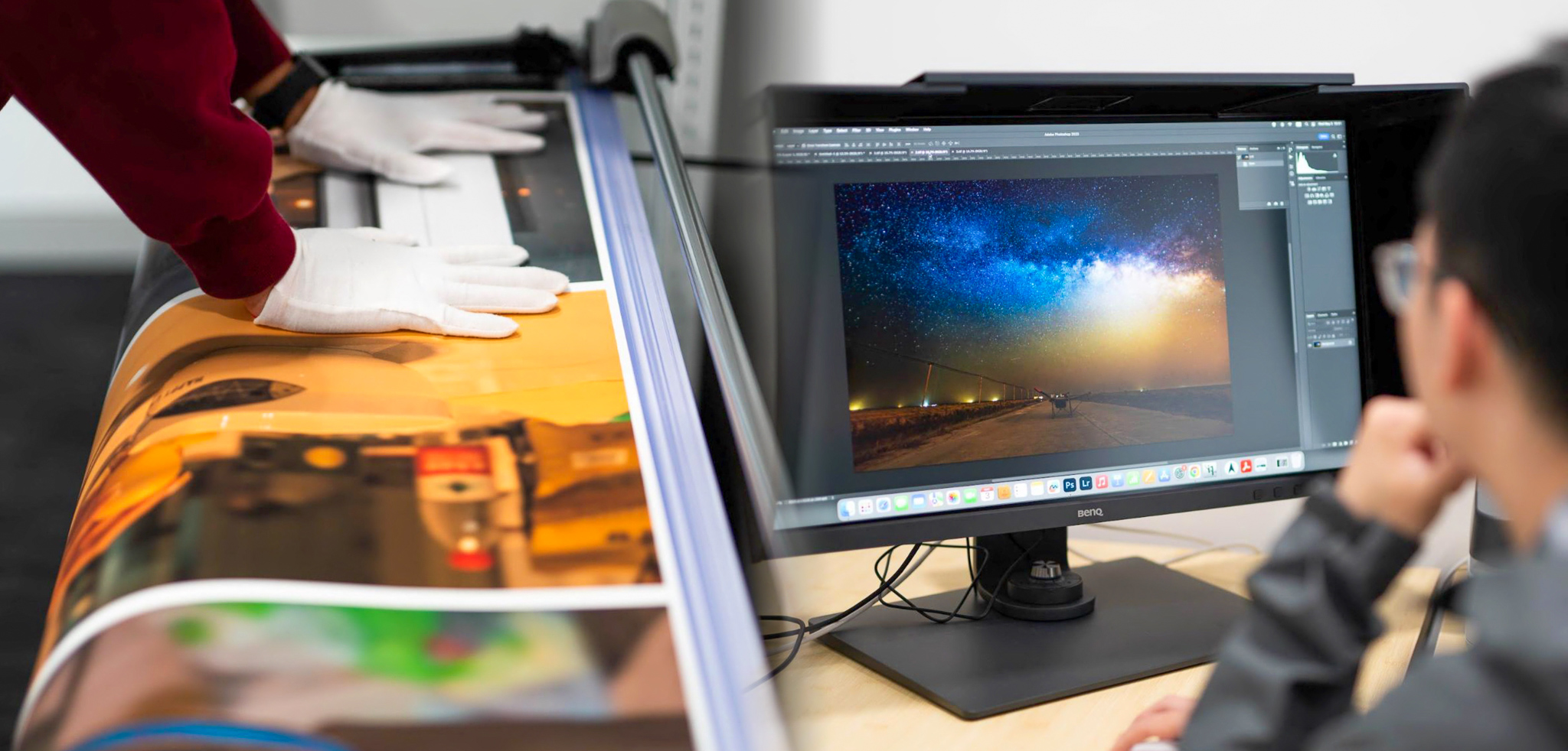 Left: Two gloved hands position a print in a cutting board. Right: A student edits a photo of a starry sky on a computer monitor.