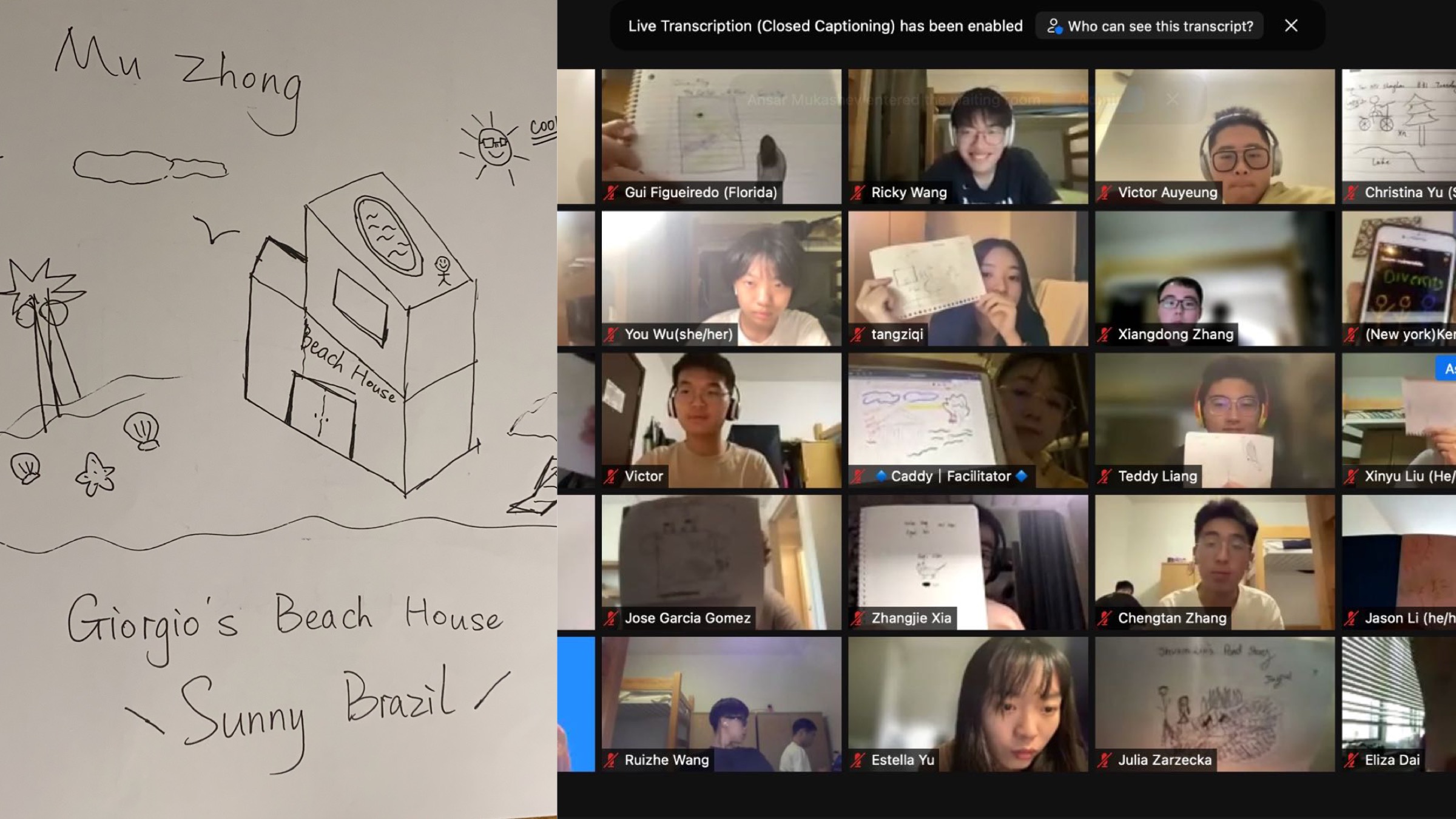 Left: Zhong Mu's drawing of her partner's beach house. Right: students hold up their drawings