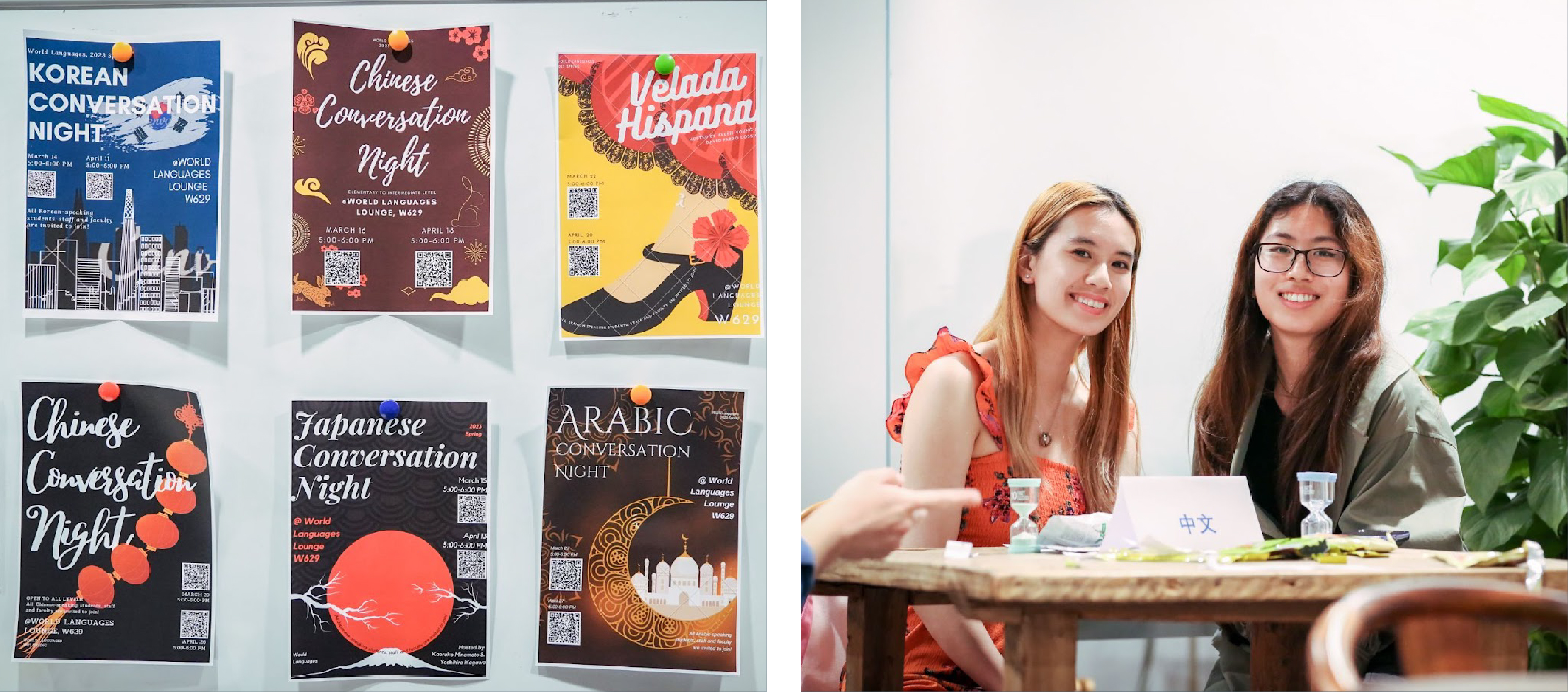 side by side photo of language event posters and two female students practicing chinese