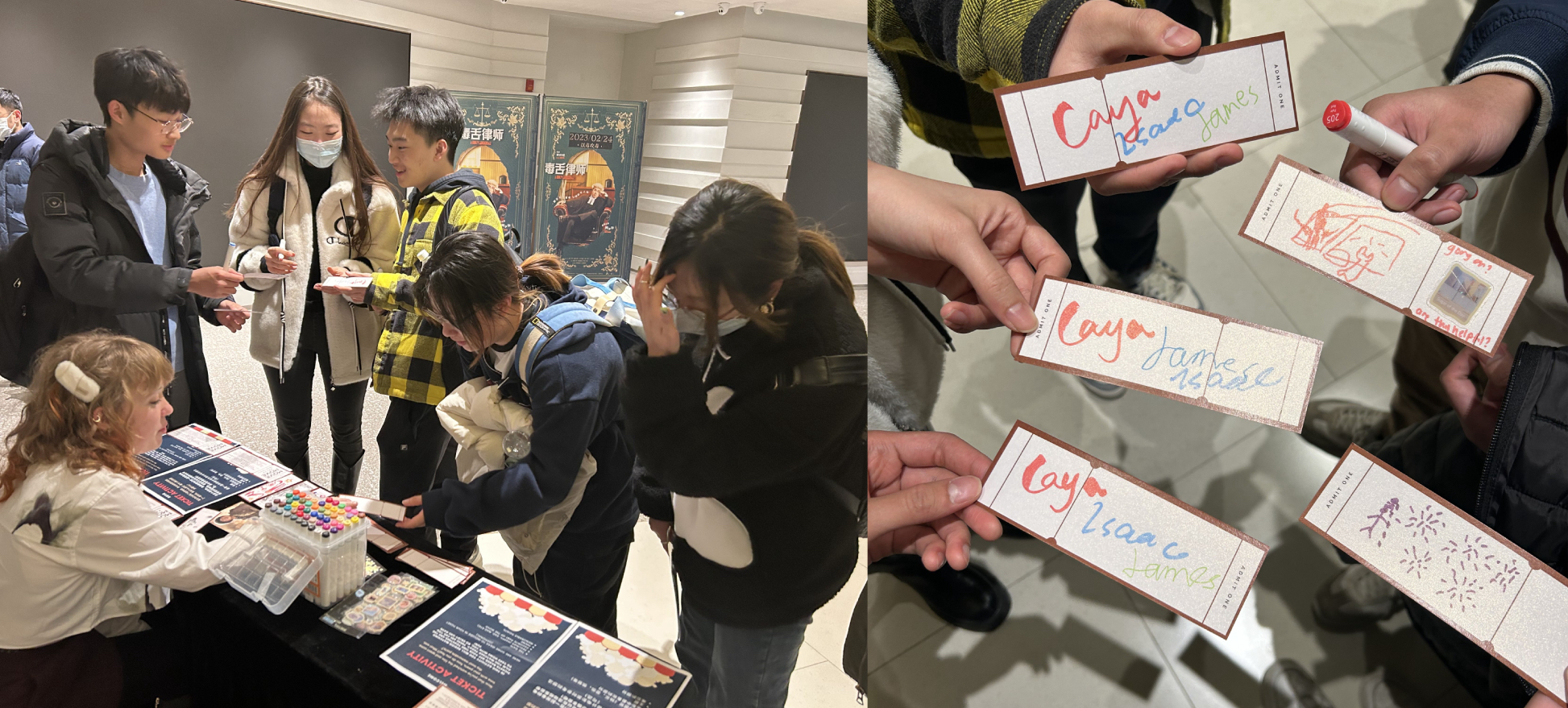 Left image: Students collect tickets from a table for an activity. Right image: Following the activity, students display their tickets, on which they have signed their names and created drawings (including fireworks, and a person in a car)