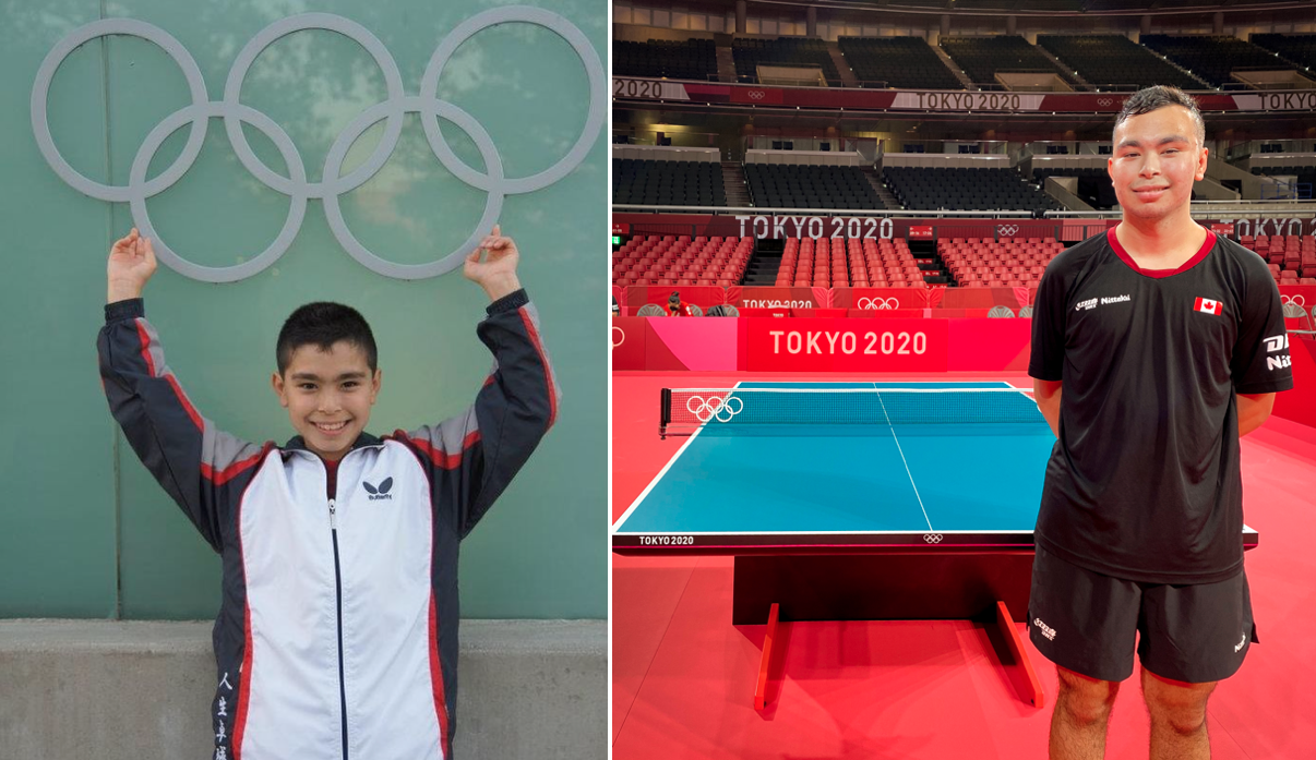 Young boy poses with Olympic Ring logo, then in Olympic stadium as athlete as a young man