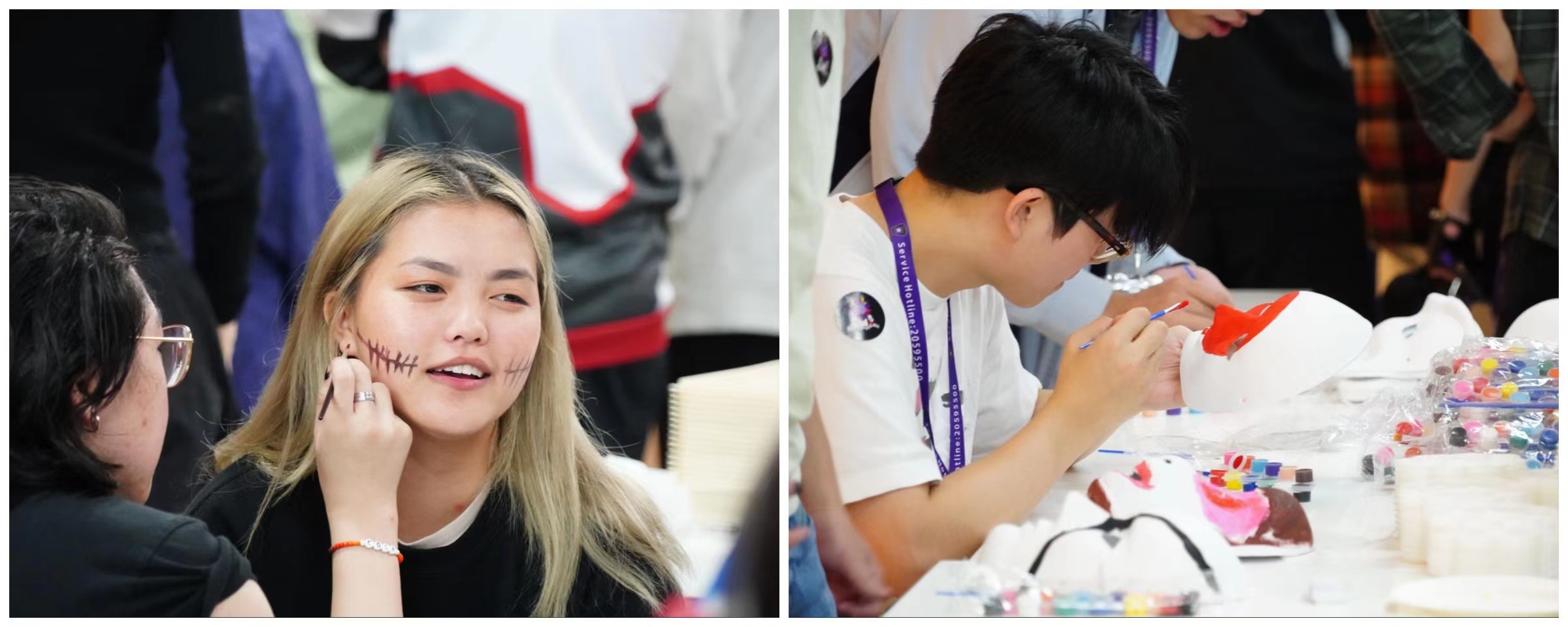 left: a student getting her face painted by a friend. right: a student painting a mask