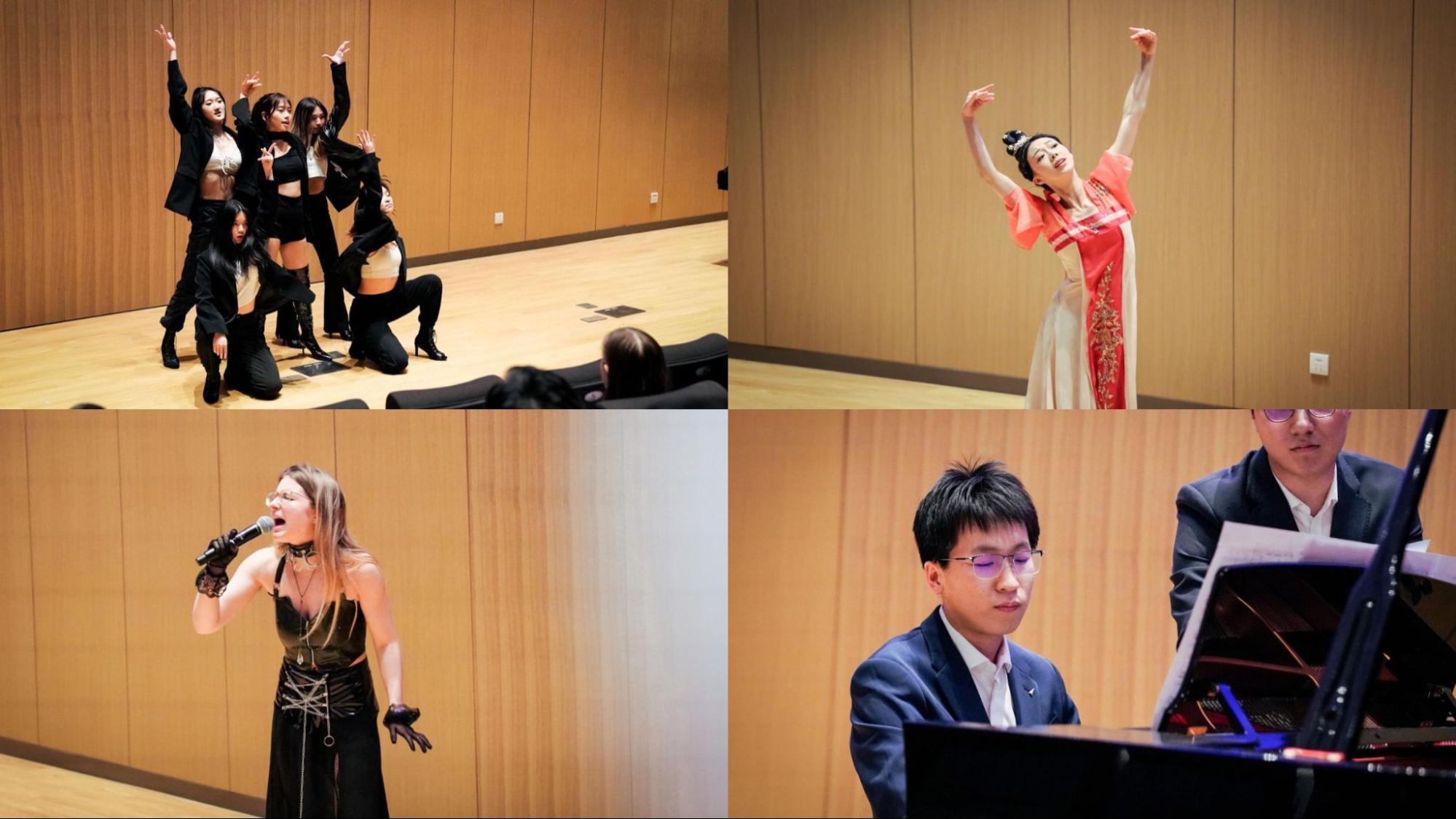 photos of four of the performers including kpop, traditional chinese dance, piano, and singers.