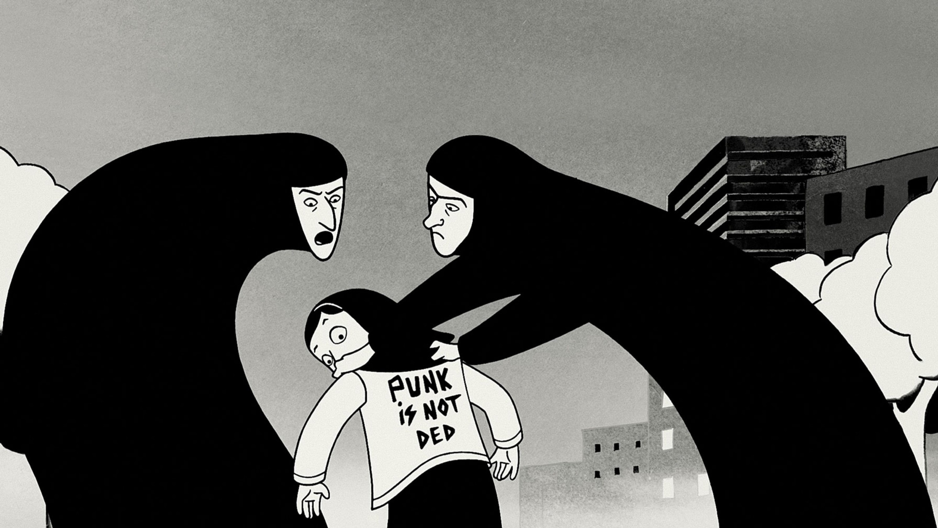 black and white image of a girl being reprimanded for wearing a jacket that reads "punk is not ded"