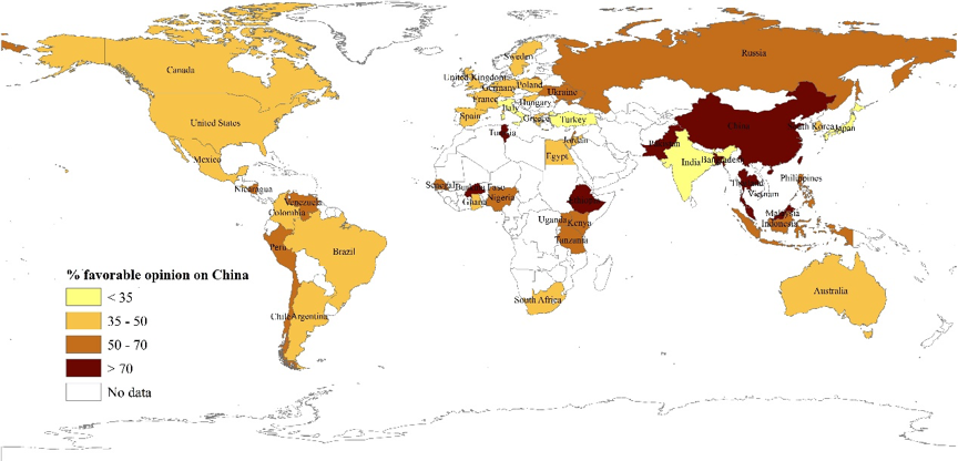 Map shows percentage of public approval of China by country