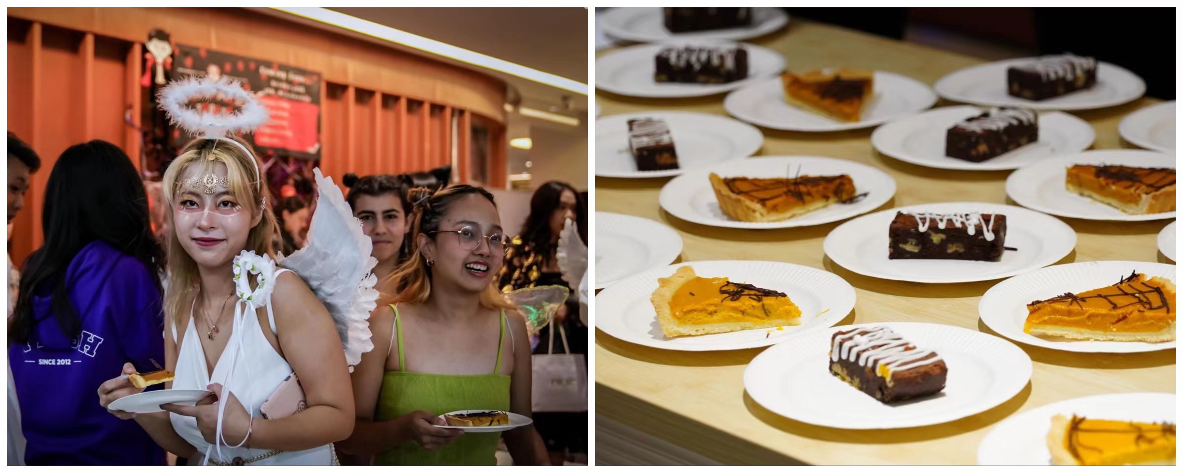 Left: 2 dressed up students holding slices of pie. Right: many slices of pumpkin and chocolate pie on a table. 