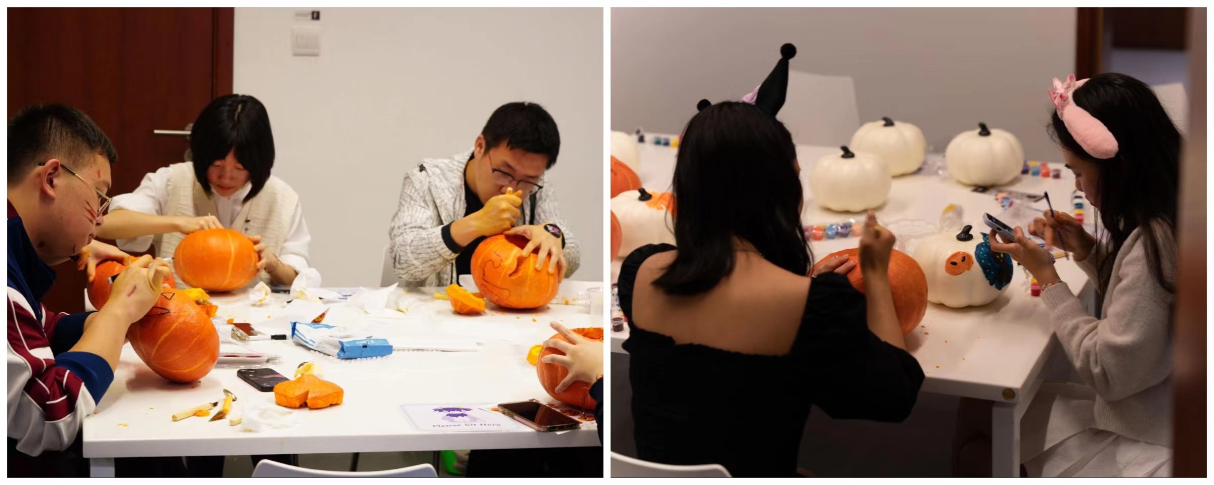 Left: students carving pumpkins. Right: students painting pumpkins
