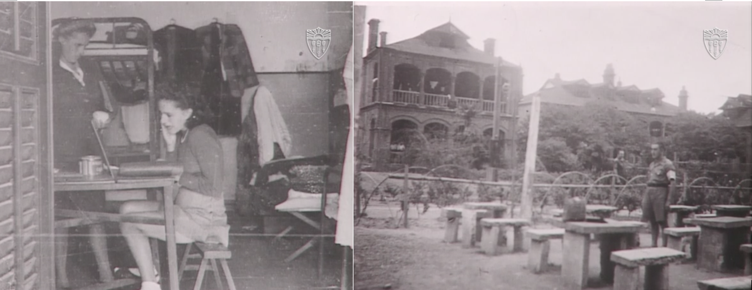 Ruth puts on makeup in dormitory; makeshift concrete tables in a yard in front of dorm building