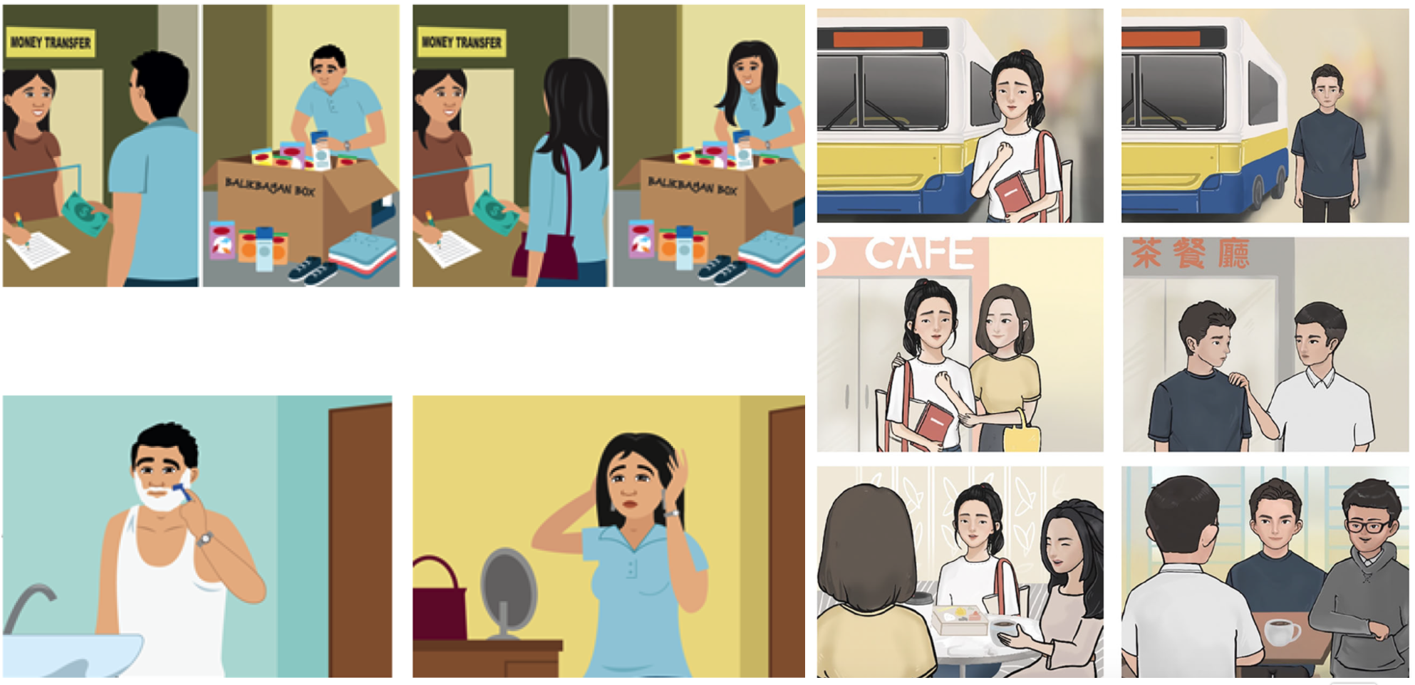 Illustrated panels show Filipino characters preparing care packages for relatives back home and Chinese characters enjoying social time with classmates