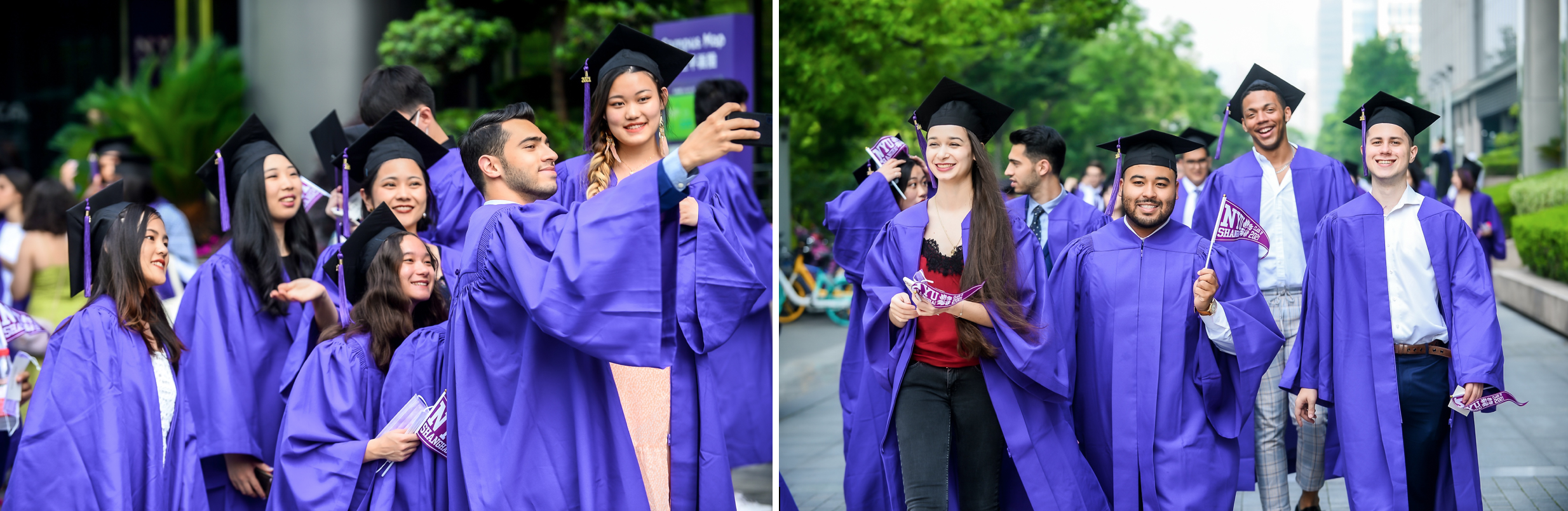 Two groups of students walk and pose together in purple graduation robes