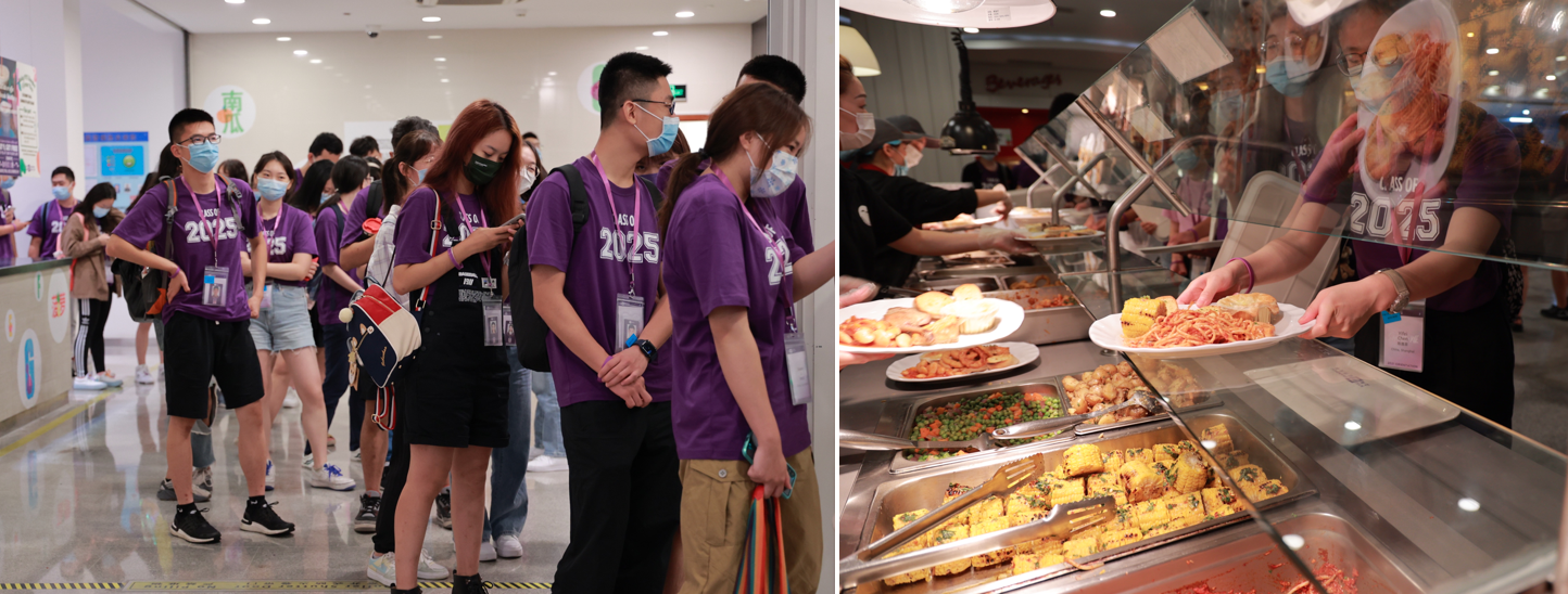 Students line up to get lunches in dining hall