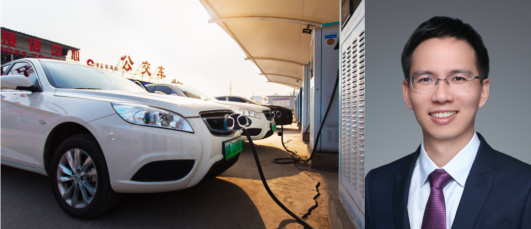 Car with green license plate plugs in, plus Chen