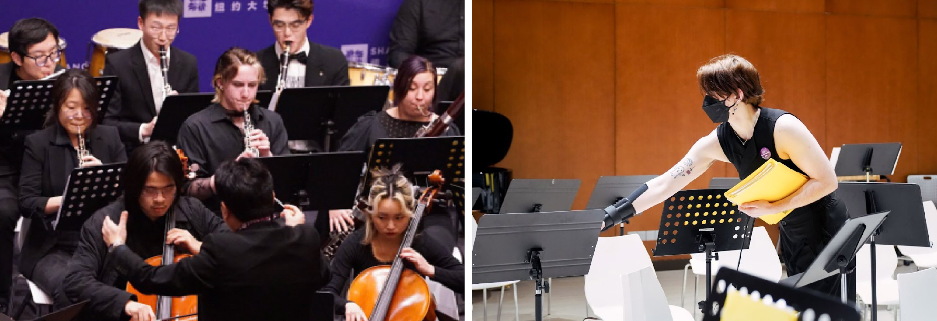 Carter playing oboe and and on the right, helping to set up chairs for a concert