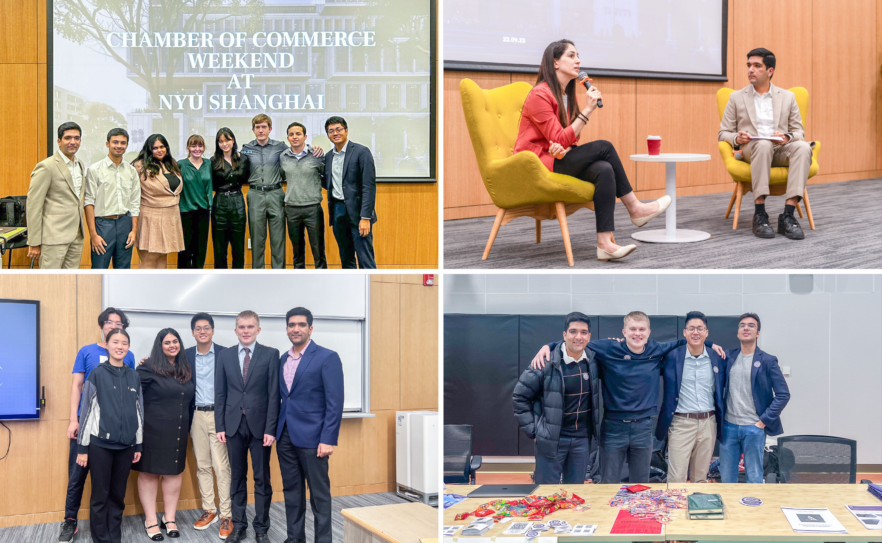 The Economics Society at a weekend of events with Chambers of Commerce from several countries in Fall 2023. Top right: Tripathi moderating a panel during the Chamber of Commerce Weekend. Bottom left: Tripathi serving as president of the Economics Society 