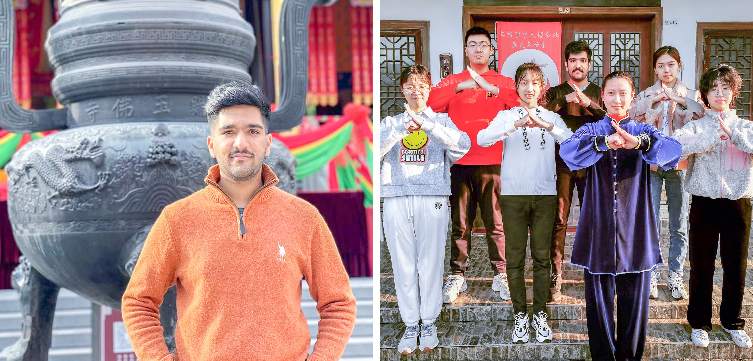  Left: Visiting the Jade Buddha Temple in Spring 2021. Right: Shreesh and other students at a tai chi training session in Spring 2022. This session was held completely in Chinese, and was one of the other  times he realized he was getting better in Chines