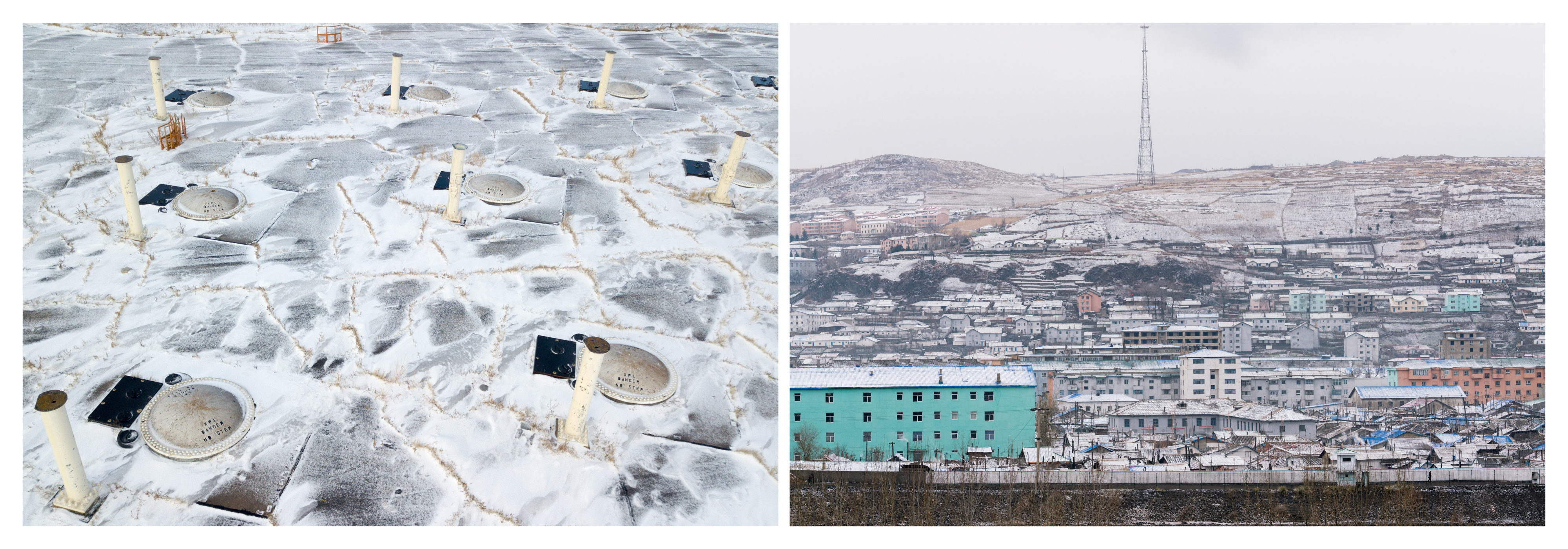 Image 1: Hatches over silos which in the 1970s held missiles meant to shoot down incoming Soviet warheads, North Dakota, November 2017. Image 2: The North Korean city of Hyesan, about 120km from North Korea's nuclear test site, October 2017