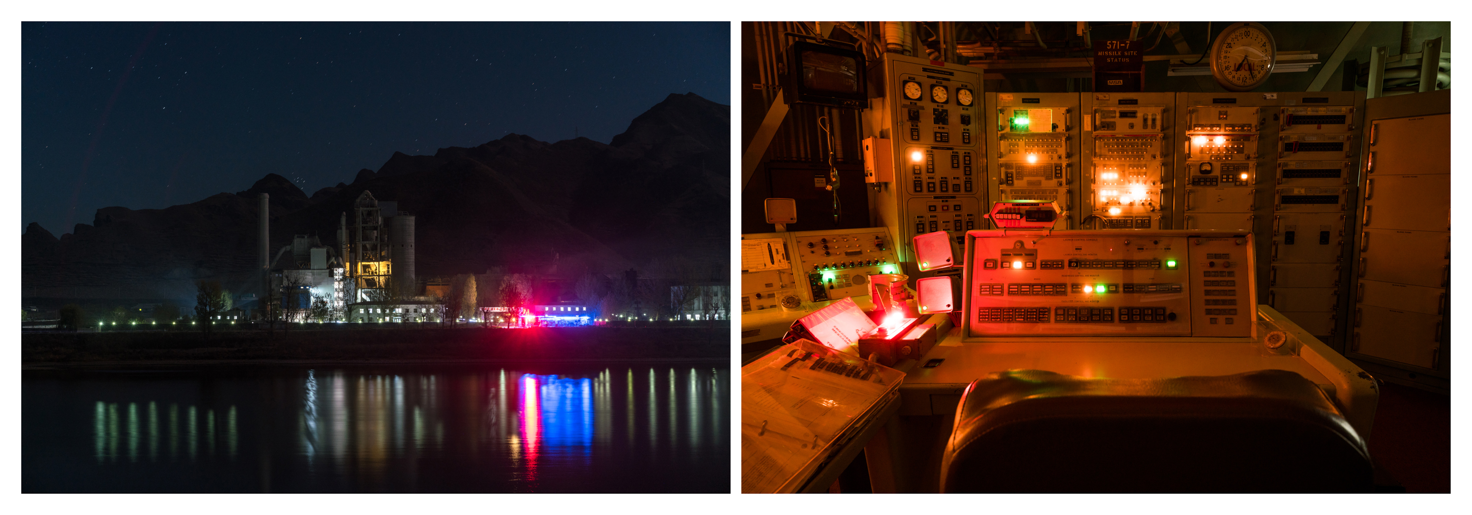 Image 1: A factory producing into the night, in Manpo, North Korea, October 2017. Image 2: The desk of a commander in the control room of a decommissioned Titan II Missile Site in Arizona, November 2017