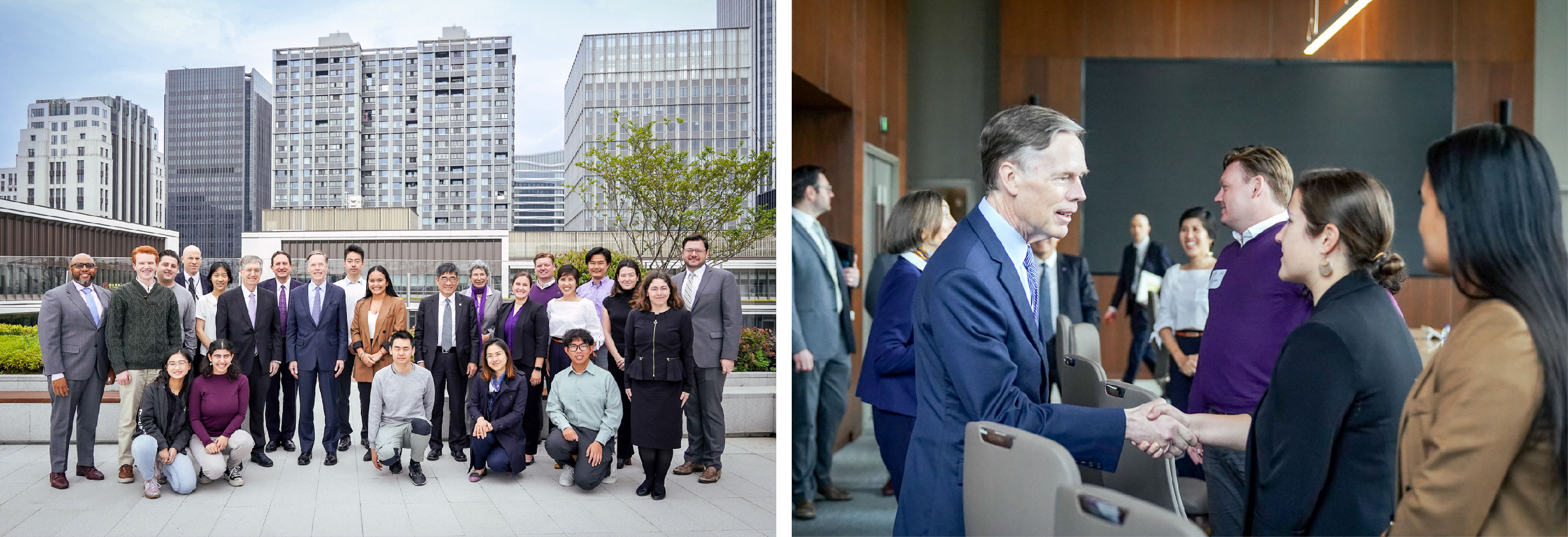 Left: Anderson with the NYU Shanghai delegation that welcomed US Ambassador Burns in April, 2023. Right: Anderson meeting Ambassador Burns
