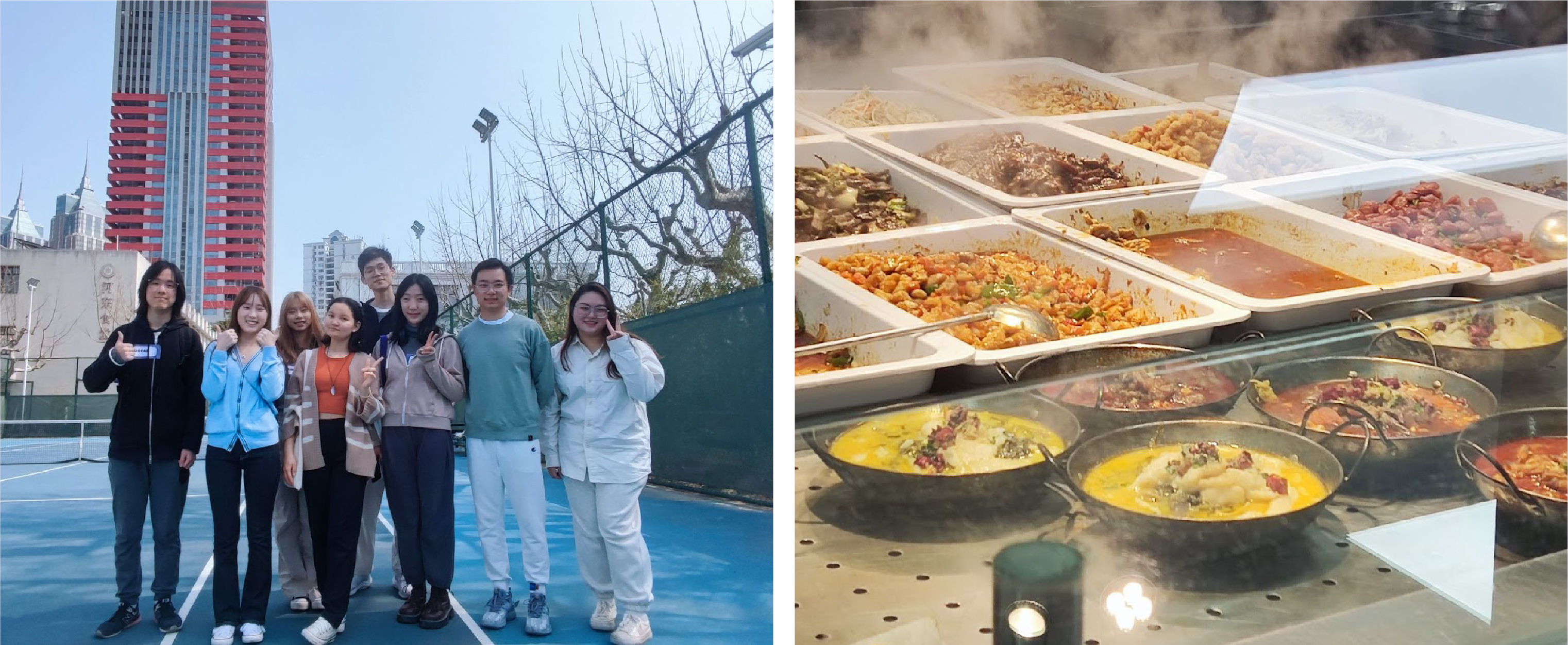 First photo: students on the tennis court. Second photo: close up of ECNU cafeteria food