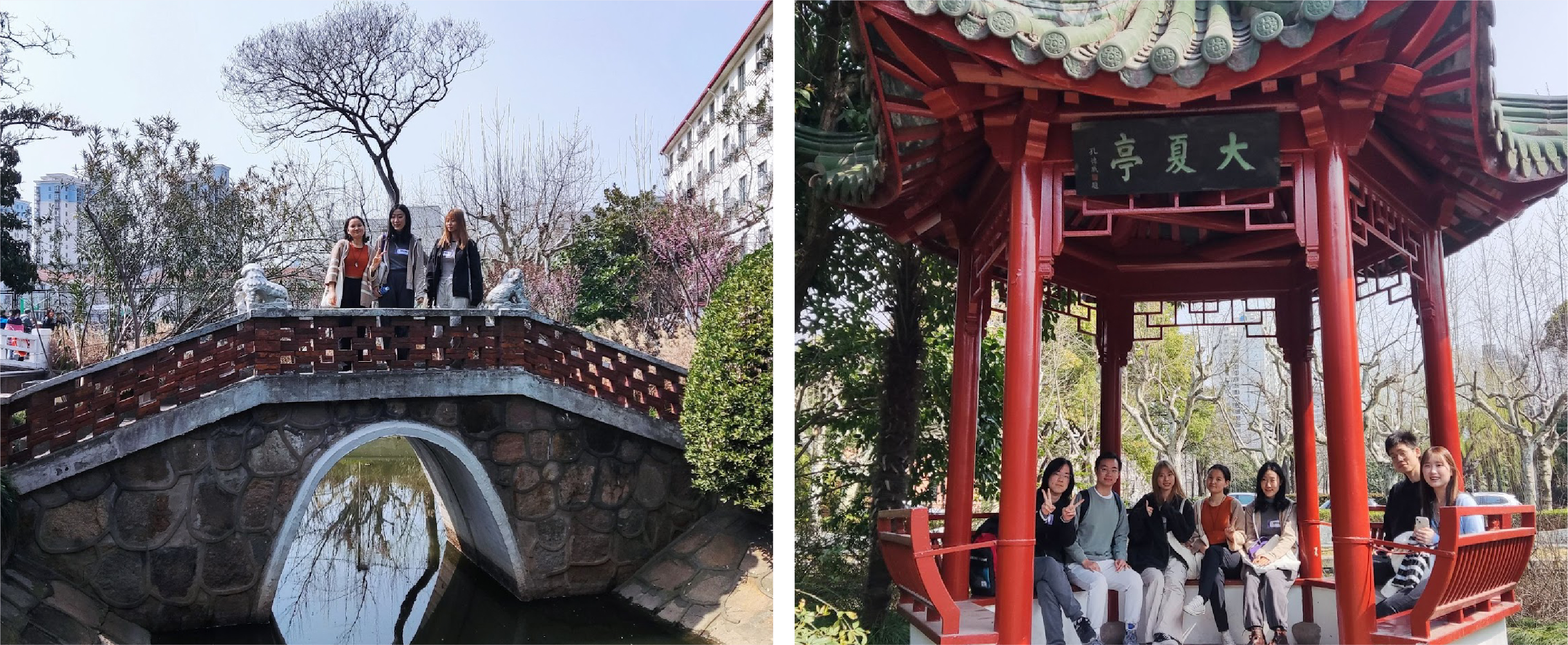 Students take a group photo on bridges and in pagodas at ECNU