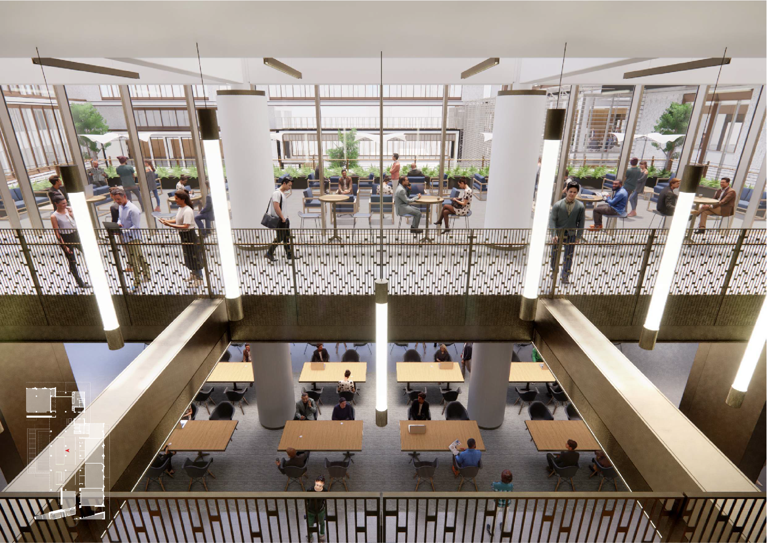 A view of the Qiantan campus social area from above. 