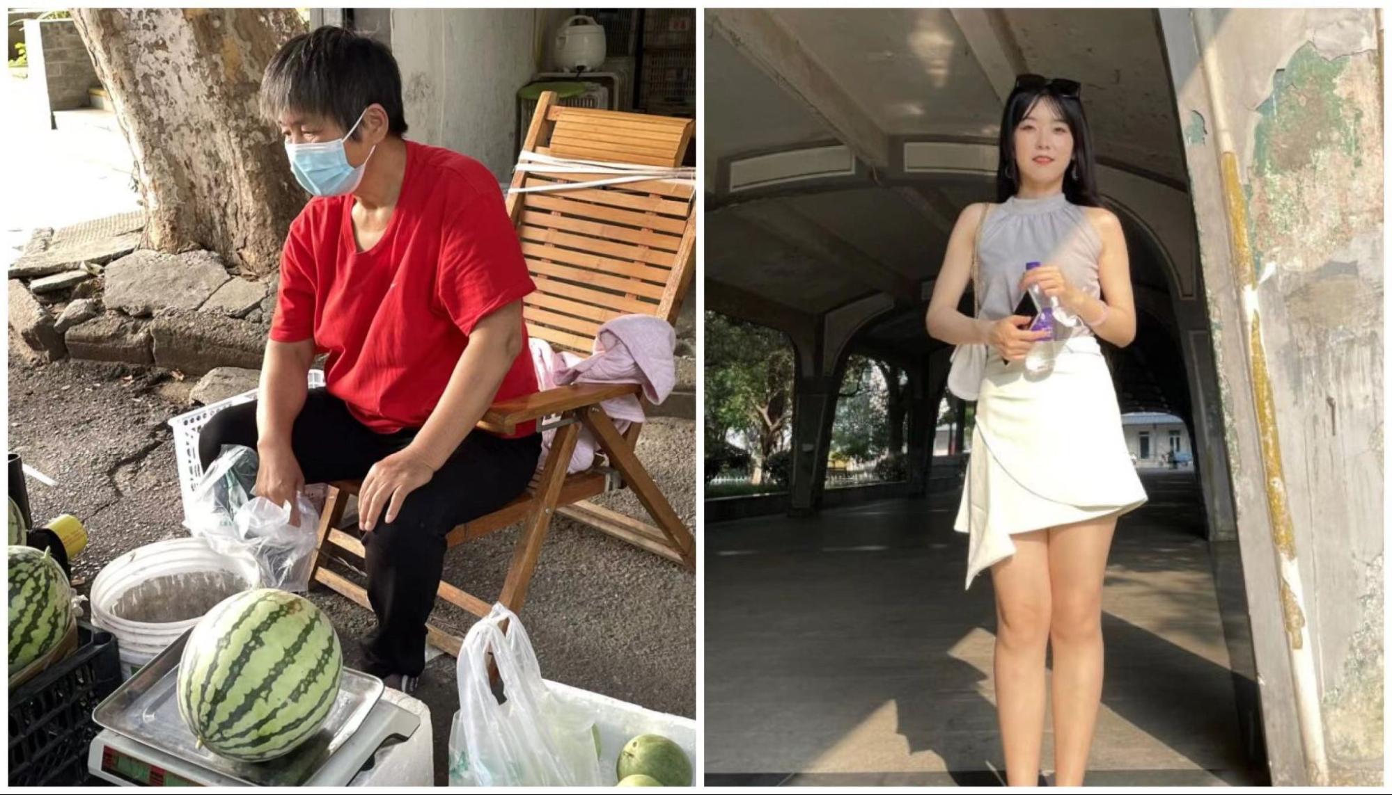 Photos of Zhang's interviewees: a watermelon vender on the left and a grad student on the right. 