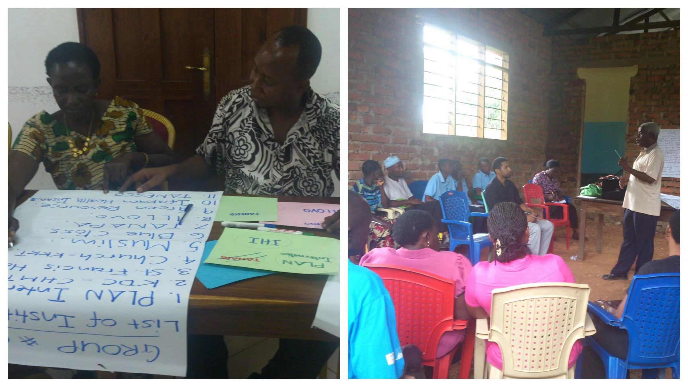 L: Project facilitators learning participatory approaches for community health in rural Morogoro, Tanzania, 2014 R: Speaking to traditional birth attendants in rural Morogoro, Tanzania, 2014