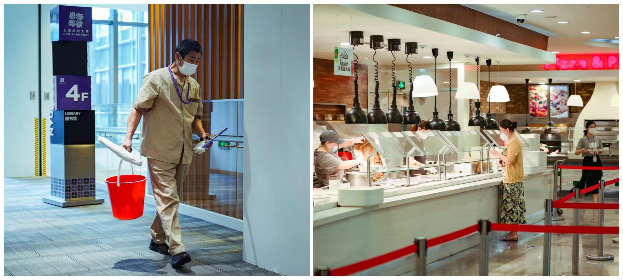 Left, a worker carries a disinfecting bucket. Right, people stand in the open cafeteria