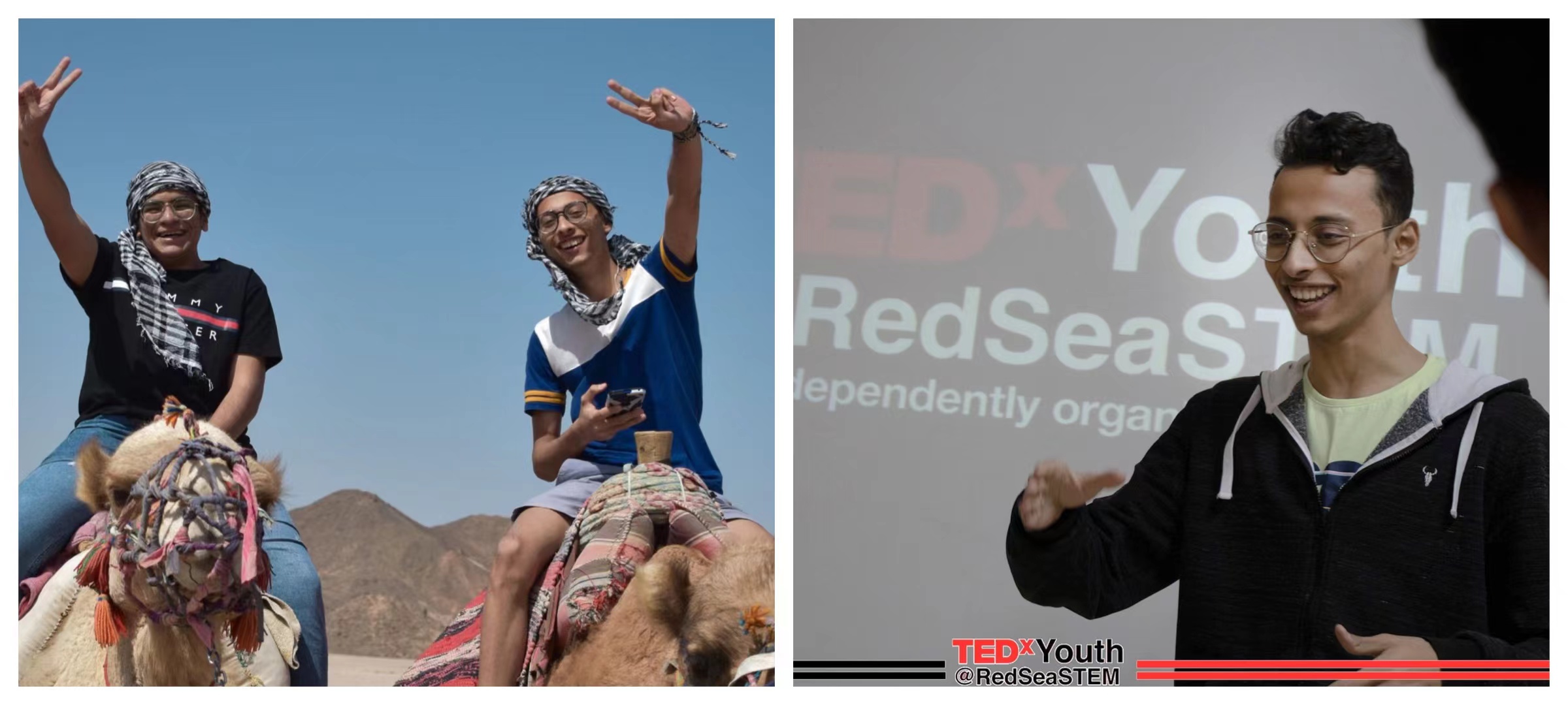 Androw with a friend on a camel (left) and Androw at a TedX conference