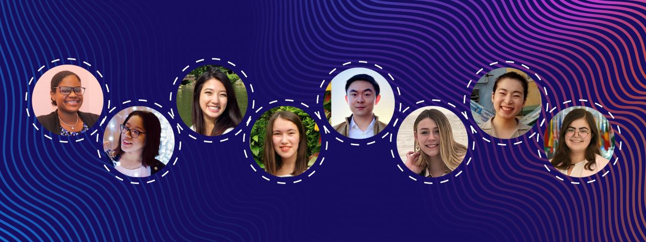 A collage of the NYU Shanghai Fulbright recipient's headshots with a purple background