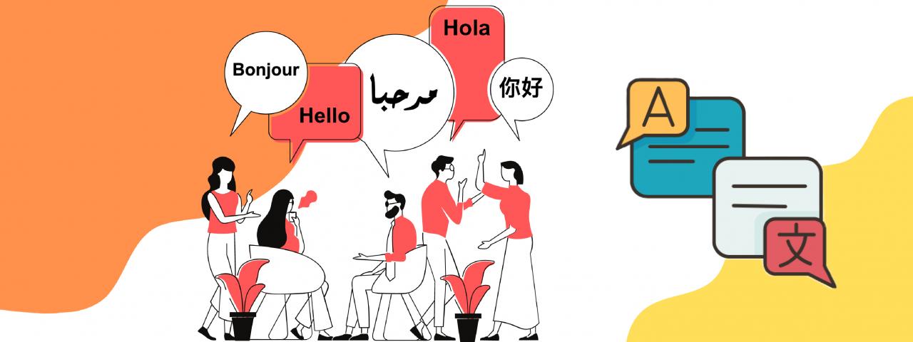 Cartoon people speaking to each other in different languages. 