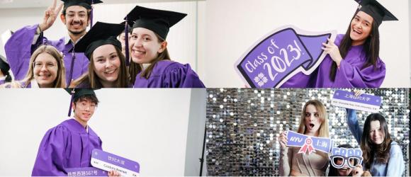 a collage of smiling students in their purple NYU Shanghai gear