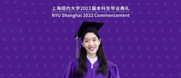 Shi Yiling addresses her classmates in her violet cap and gown 