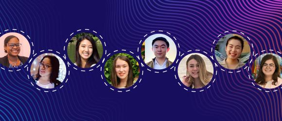 A collage of the NYU Shanghai Fulbright recipient's headshots with a purple background