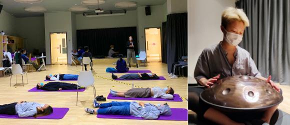 On the left, students participate in the Midweek Mindfulness Meditation. On the right, Liu Yi Yi ‘23 plays the handpan 