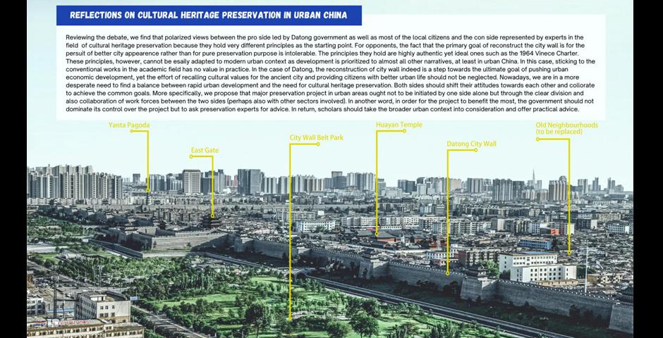 In their examination of the restoration and reconstruction of the city walls in Datong, Shanxi Province, which date back to the 4th century CE, Eric Li ’24, Pika Zhang ’24, Cissy Chen ’24, and Karen Li ’24 combined sociological and historical preservation methodologies to weigh the perspectives of city planners, area residents, and architectural historians.