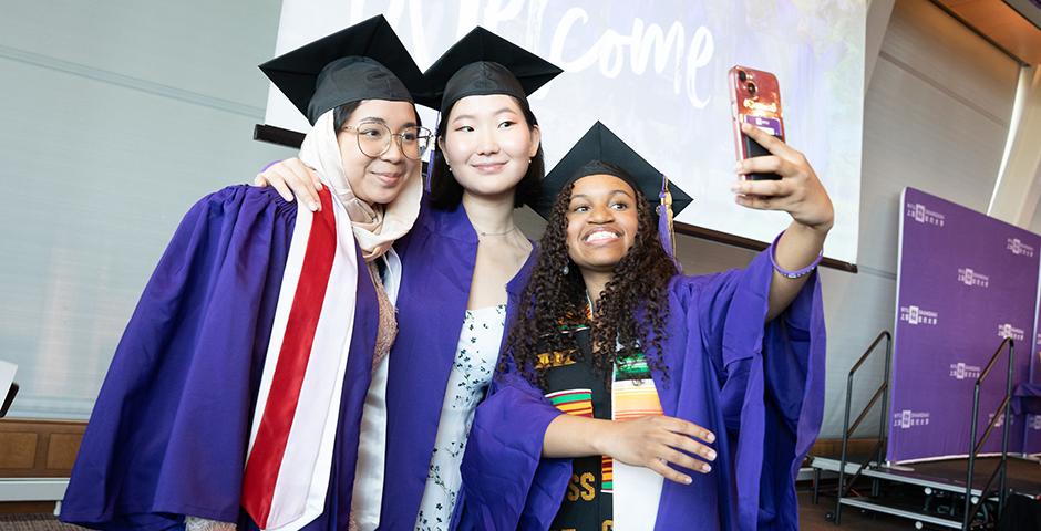 Aishya Elysia '23 (left), Bayarjargal Ganbold '23, Daniela Guerrero '23 (right). ©Myaskovsky: Courtesy of NYU Photo Bureau