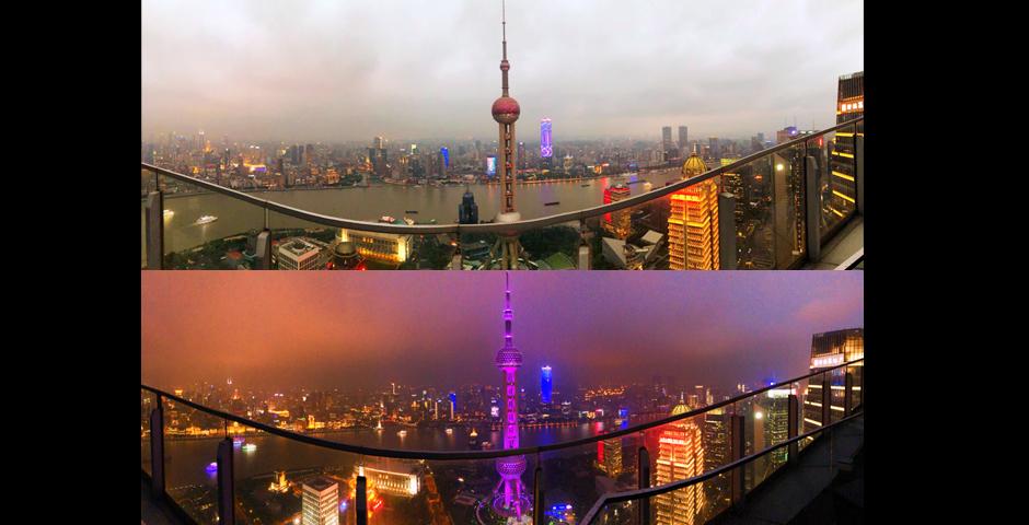 On May 22, the Oriental Pearl Tower shone violet for the graduating class of 2018. （Photo by: NYU Shanghai）