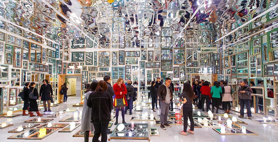 Chinese artist Song Dong's solo exhibition opening on March 11 at the NYU Shanghai Art Gallery featured a gridded installation of frames and mirrors, creating an intimate yet elliptical composite portrait.  (Photo by: NYU Shanghai)