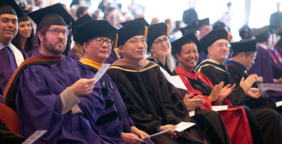 (left to right) Faculty members Christian Grewell, Zhong-Lin Lu, Xuyunda Qi, Anna Kendrick, Almaz Zelleke. ©Myaskovsky: Courtesy of NYU Photo Bureau