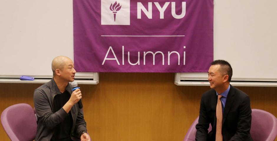 NYU Stern alumnus Walter Tong (MBA ’93, Undergraduate ’89) shares his career story and advice with NYU Shanghai students. Tong (right) is Greater China Managing Partner for Key Accounts at Ernst &amp; Young. The session was moderated by fellow Stern alumnus Will Hsieh (MBA &#039;00), Head of Regional F2P Publishing, Operations &amp; Strategy at Electronic Arts Computer Software. (Photo by: NYU Shanghai)