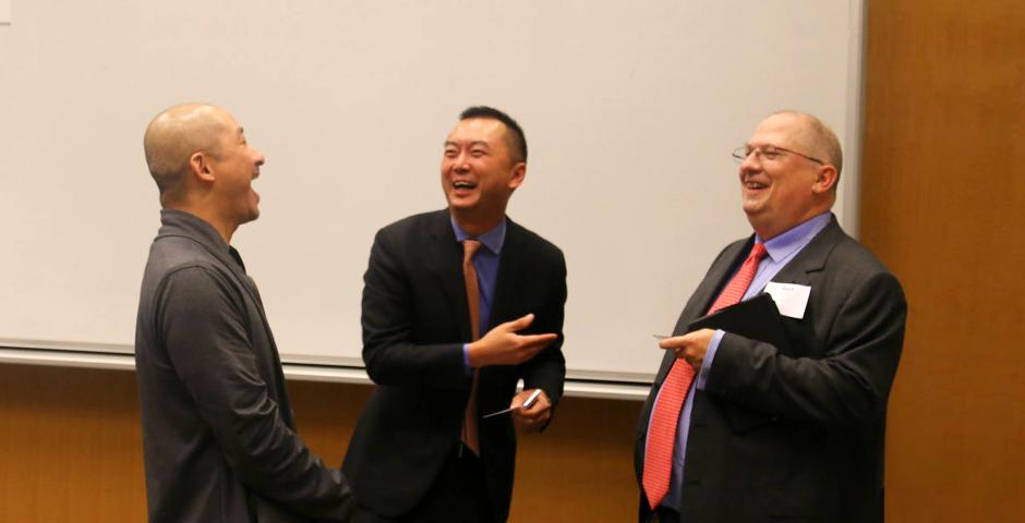 NYU Stern alumnus Walter Tong (MBA ’93, Undergraduate ’89) shares his career story and advice with NYU Shanghai students. Tong (right) is Greater China Managing Partner for Key Accounts at Ernst &amp; Young. The session was moderated by fellow Stern alumnus Will Hsieh (MBA &#039;00), Head of Regional F2P Publishing, Operations &amp; Strategy at Electronic Arts Computer Software. (Photo by: NYU Shanghai)