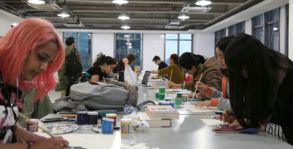 Students participate in NYU Shanghai&#039;s first-ever Festival of the Arts, which featured a creative open studio, masterclasses that taught dance, theater, and singing, and talks with local artists. March 6-8, 2015. (Photo by Annie Seaman)