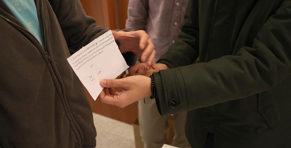 To celebrate Pi Day 2015, Math Society awarded slices of pie to students who could recite over 11 digits of pi. Congratulations to Omer Cohen (207 digits), Ziyuan Huang (100 digits), and Siyao Fang (83 digits), who placed first, second, and third, respectively. March 16, 2015. (Photo by Sunyi Wang)